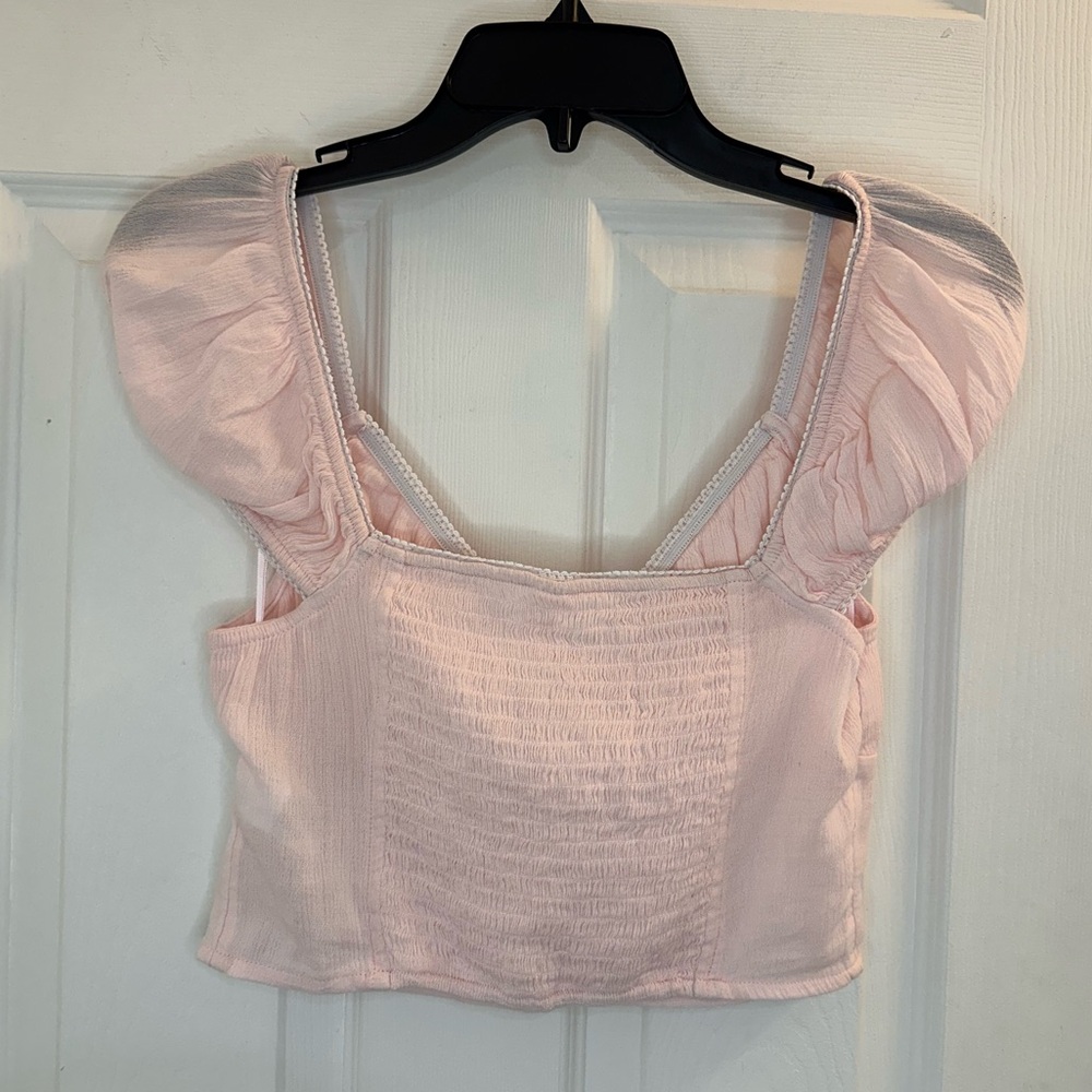 Abound Smocked Cap Sleeve Pink Cottagecore Crop Top Babydoll size Small - Picture 2 of 9